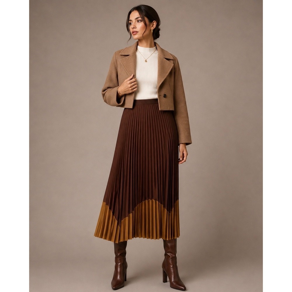 UNIQLO C Clare Waight Keller Pleated Color Block Satin Midi Skirt Brown Med